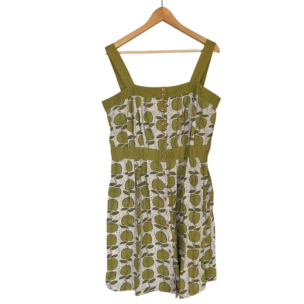 Gudrun Sjoden Pinafore Dress Apple Fruit Green Gray Boho Lagenlook Cottage Sz L